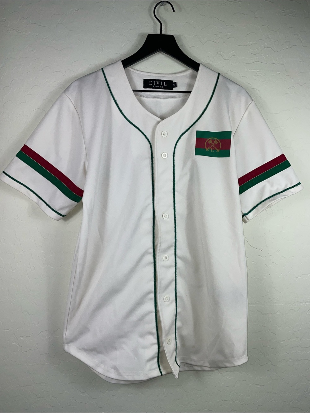White Short-Sleeve Baseball Shirt with Green & Red Trim
